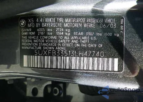 2003 BMW X5 4.4I z USA, uszkodzony, nr VIN 5UXFB33513LH47740